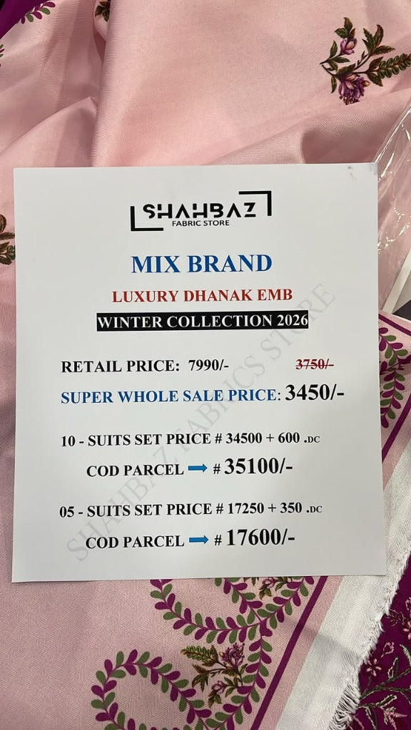 Mix Brand Luxury Dhanak Emb 3PC Winter Collection 2026 | Super Wholesale