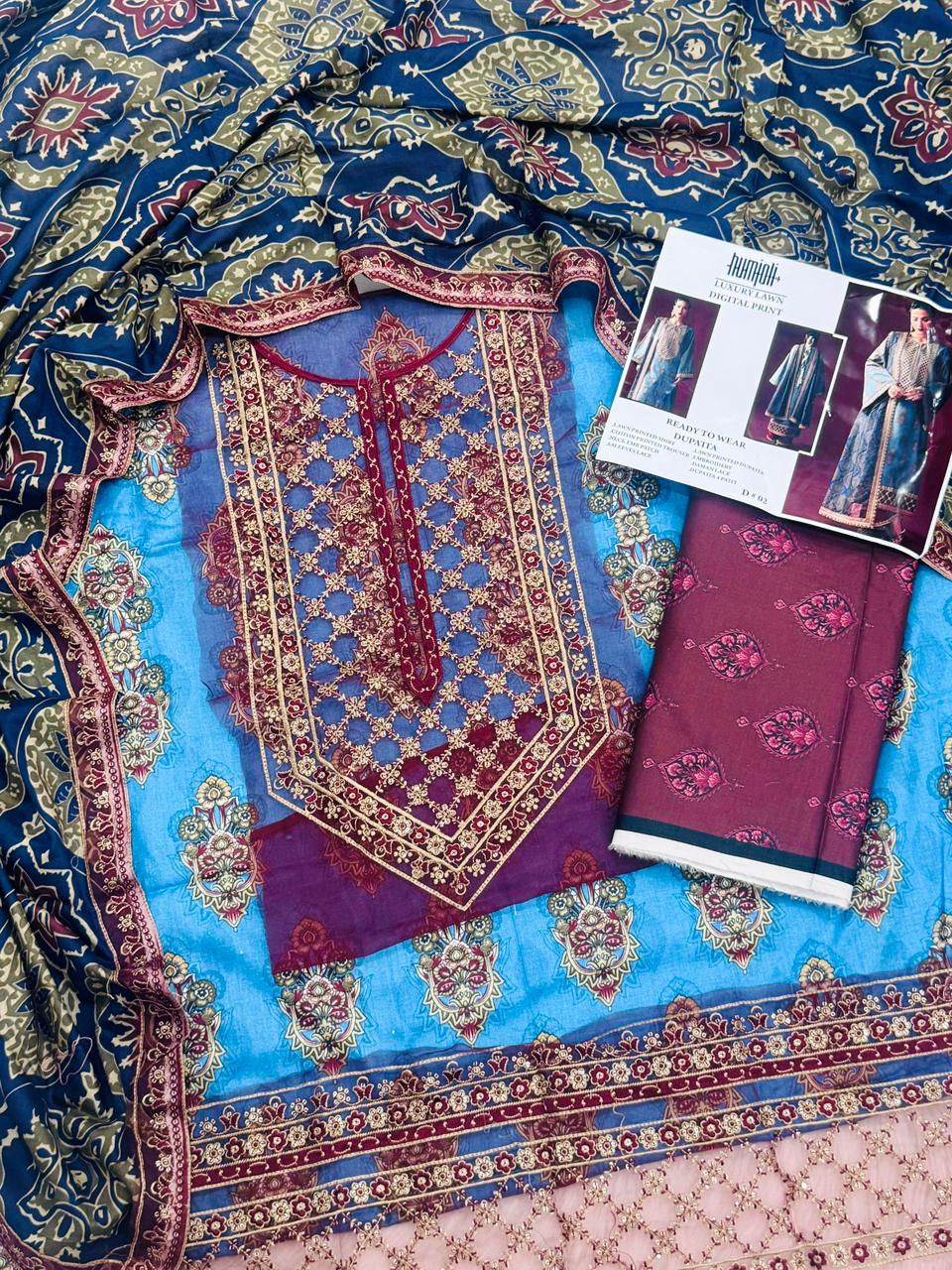 HUMJOLI Embroidery Unstitched 3PC – Summer Lawn Collection