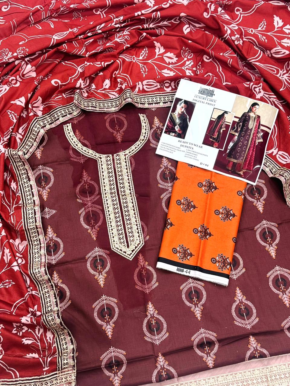 HUMJOLI Embroidery Unstitched 3PC – Summer Lawn Collection