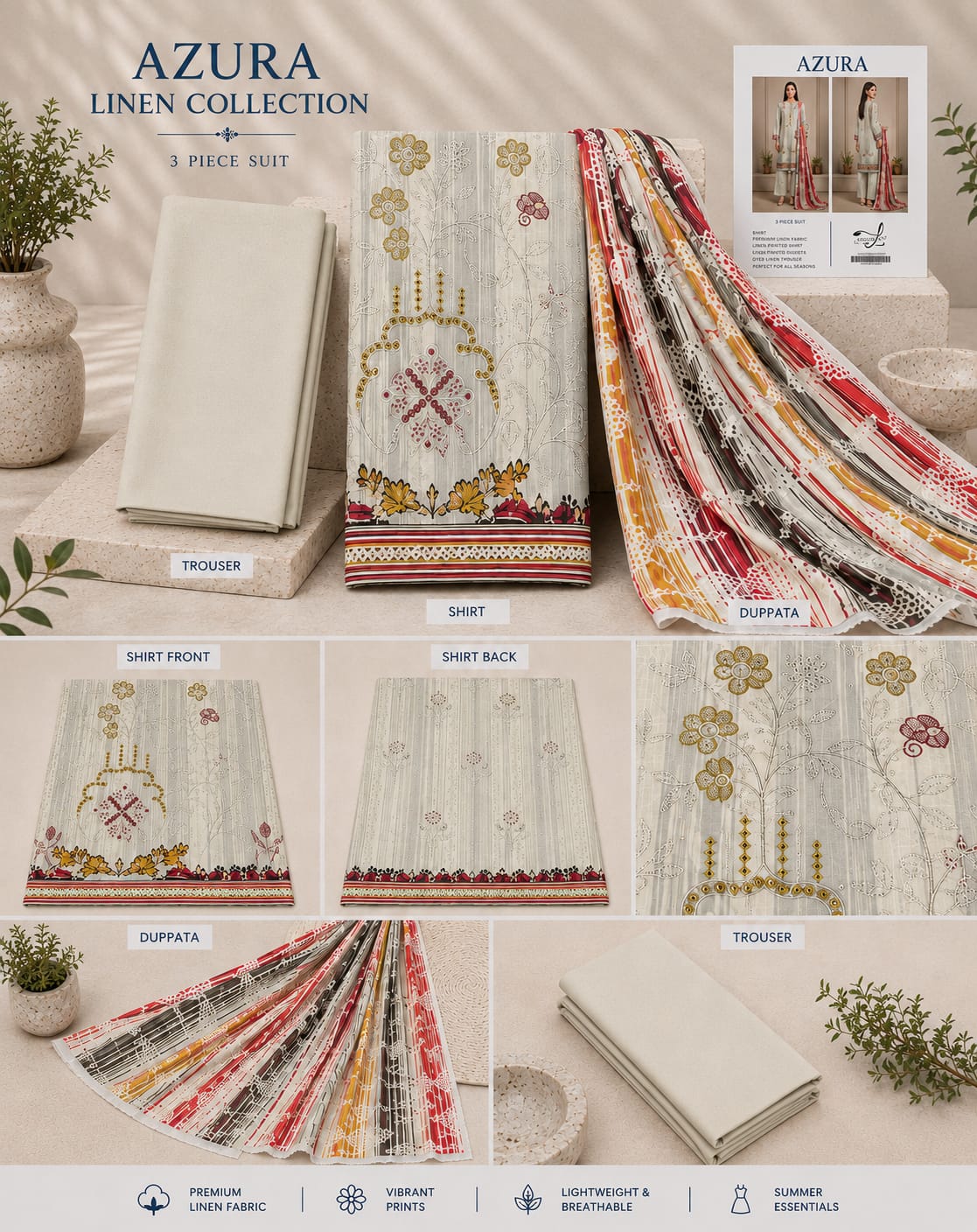 Azura Linen Lux Embroidered 3PC Suit - Wholesale Pakistan