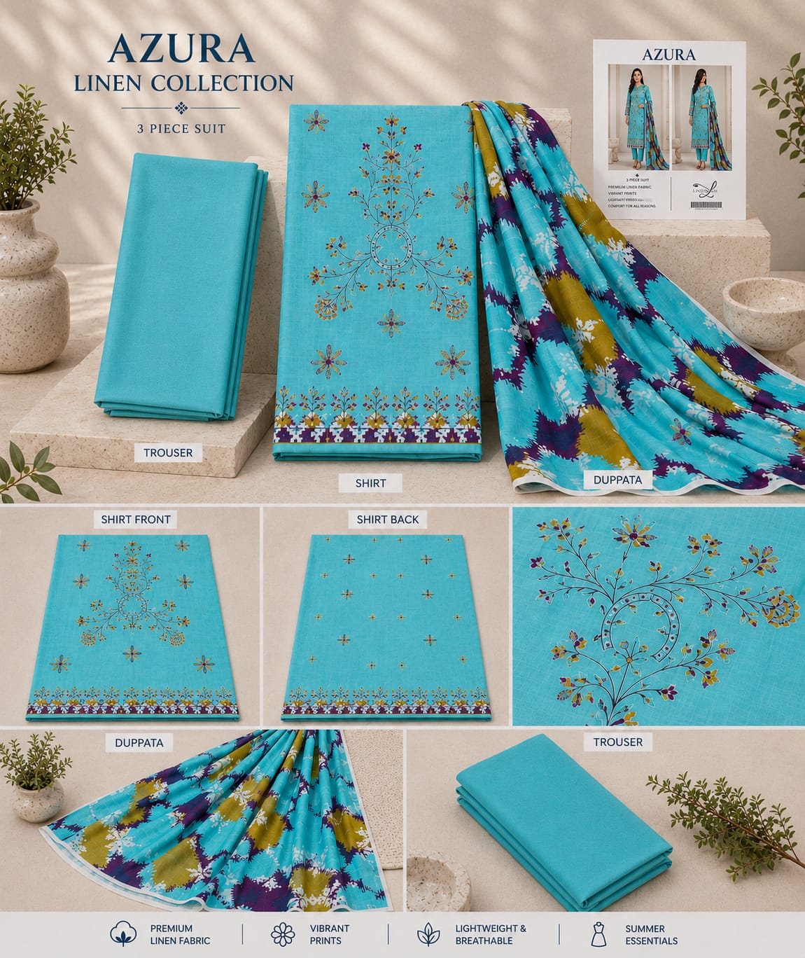 Azura Linen Lux Embroidered 3PC Suit - Wholesale Pakistan