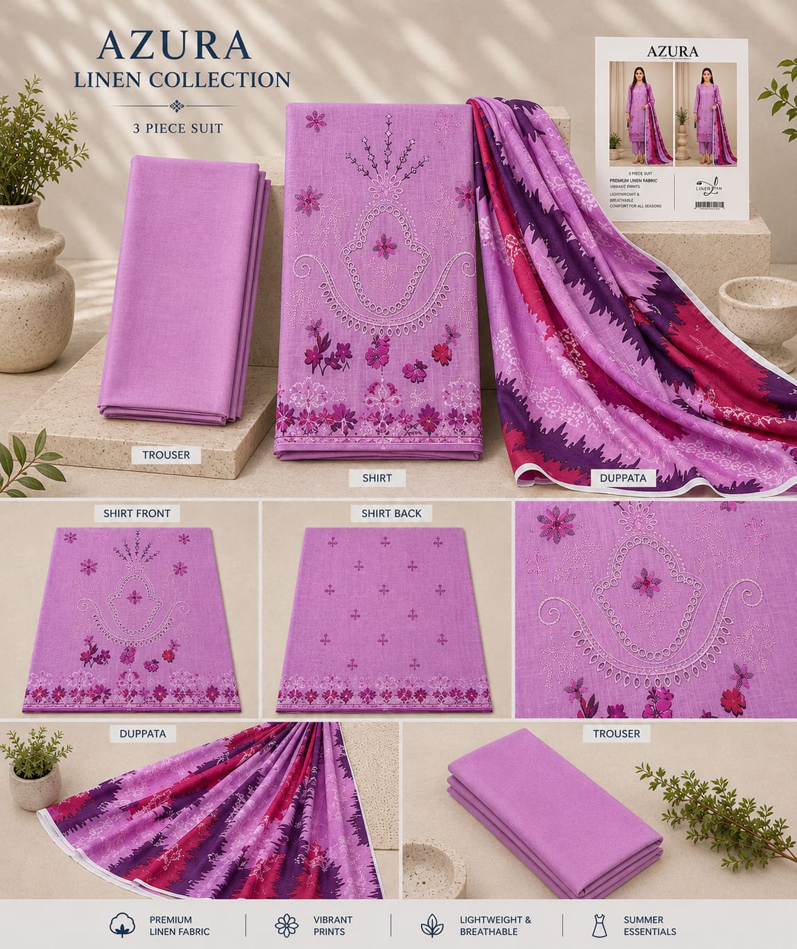 Azura Linen Lux Embroidered 3PC Suit - Wholesale Pakistan