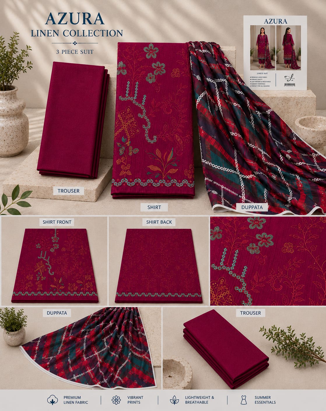 Azura Linen Lux Embroidered 3PC Suit - Wholesale Pakistan