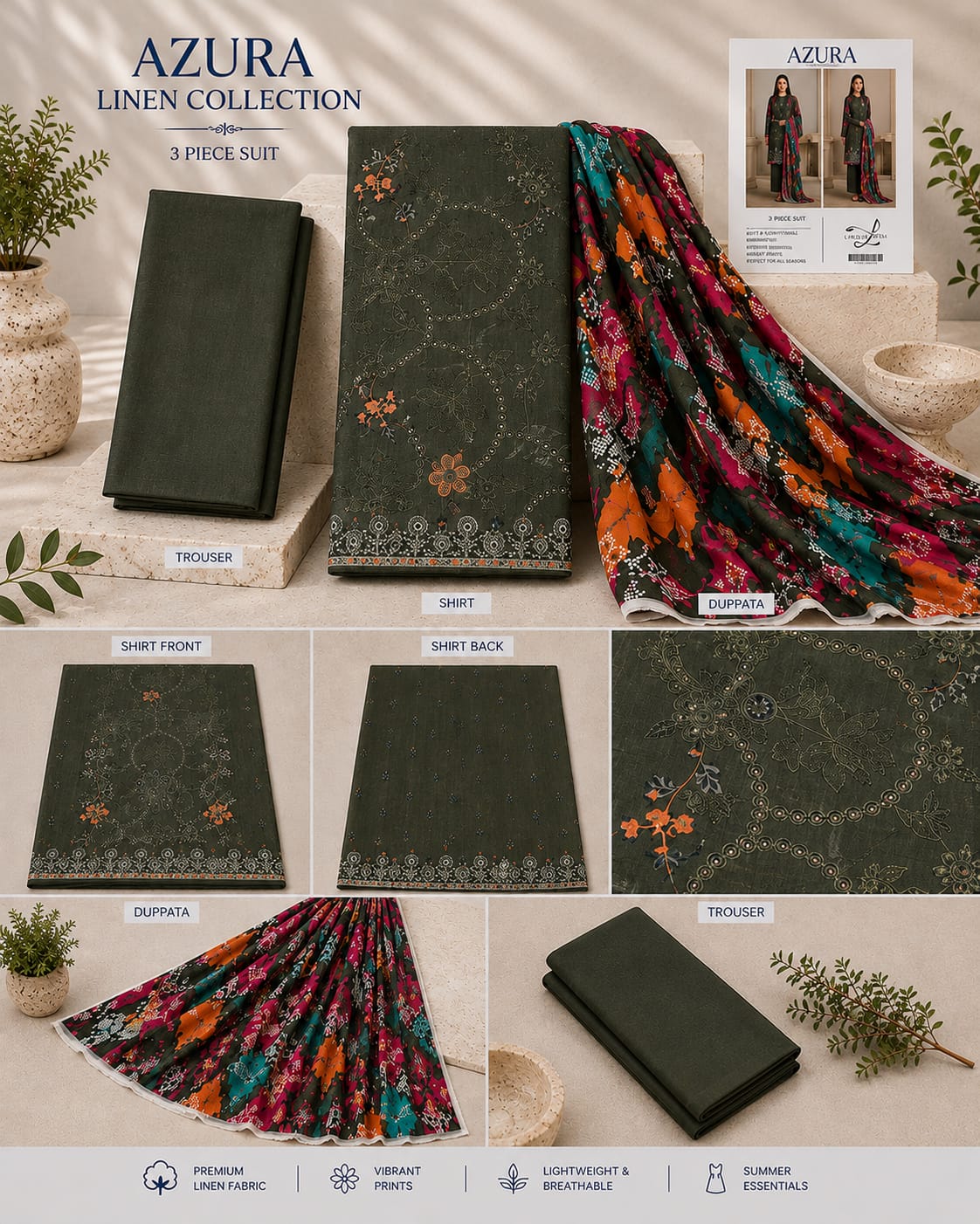 Azura Linen Lux Embroidered 3PC Suit - Wholesale Pakistan