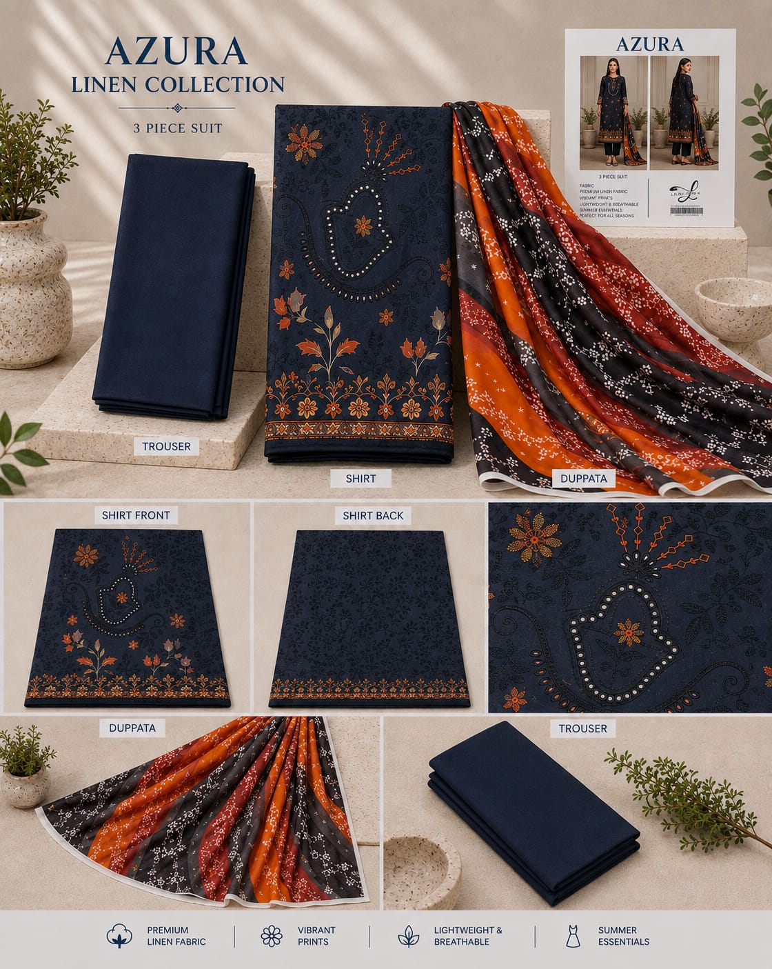 Azura Linen Lux Embroidered 3PC Suit - Wholesale Pakistan