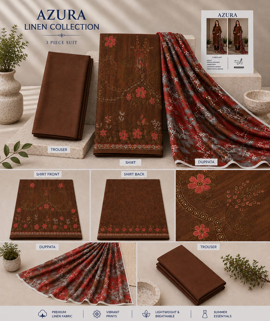 Azura Linen Lux Embroidered 3PC Suit - Wholesale Pakistan
