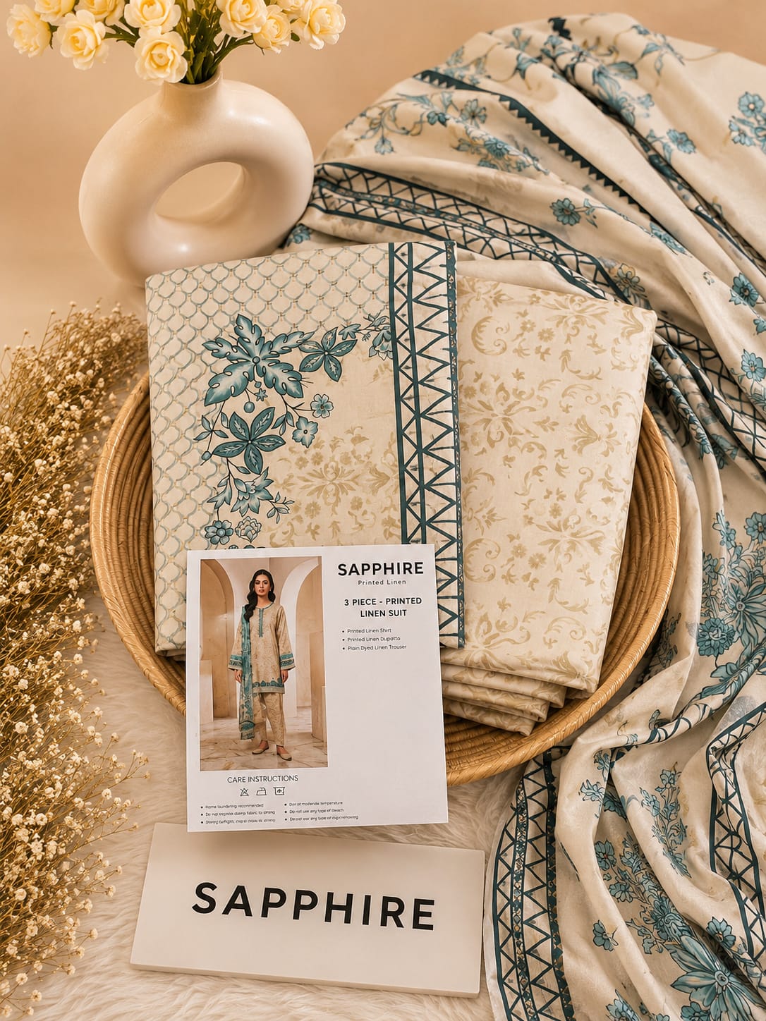 Sapphire Print Linen 3PC Suit Winter Collection 2026 - Wholesale